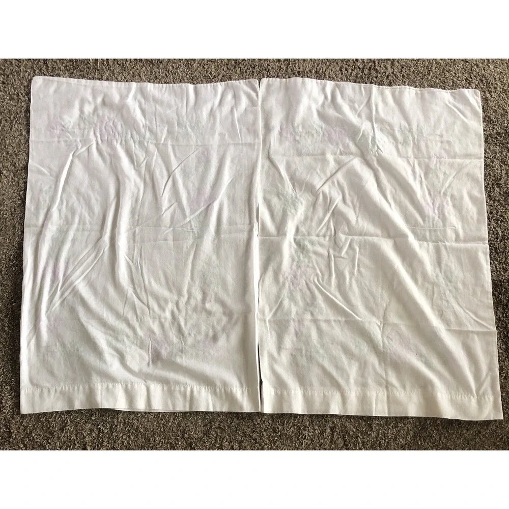Vtg Embroidered Pillow Cases Pair 30x20 Purple Roses Green Leaves Cottagecore